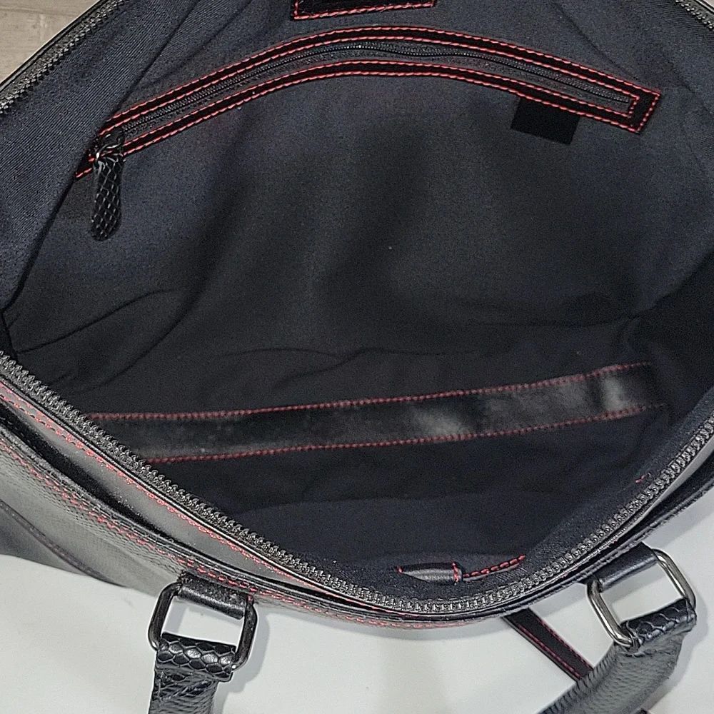Karpassi Black Leather Briefcase Laptop Bag with Red Stitching